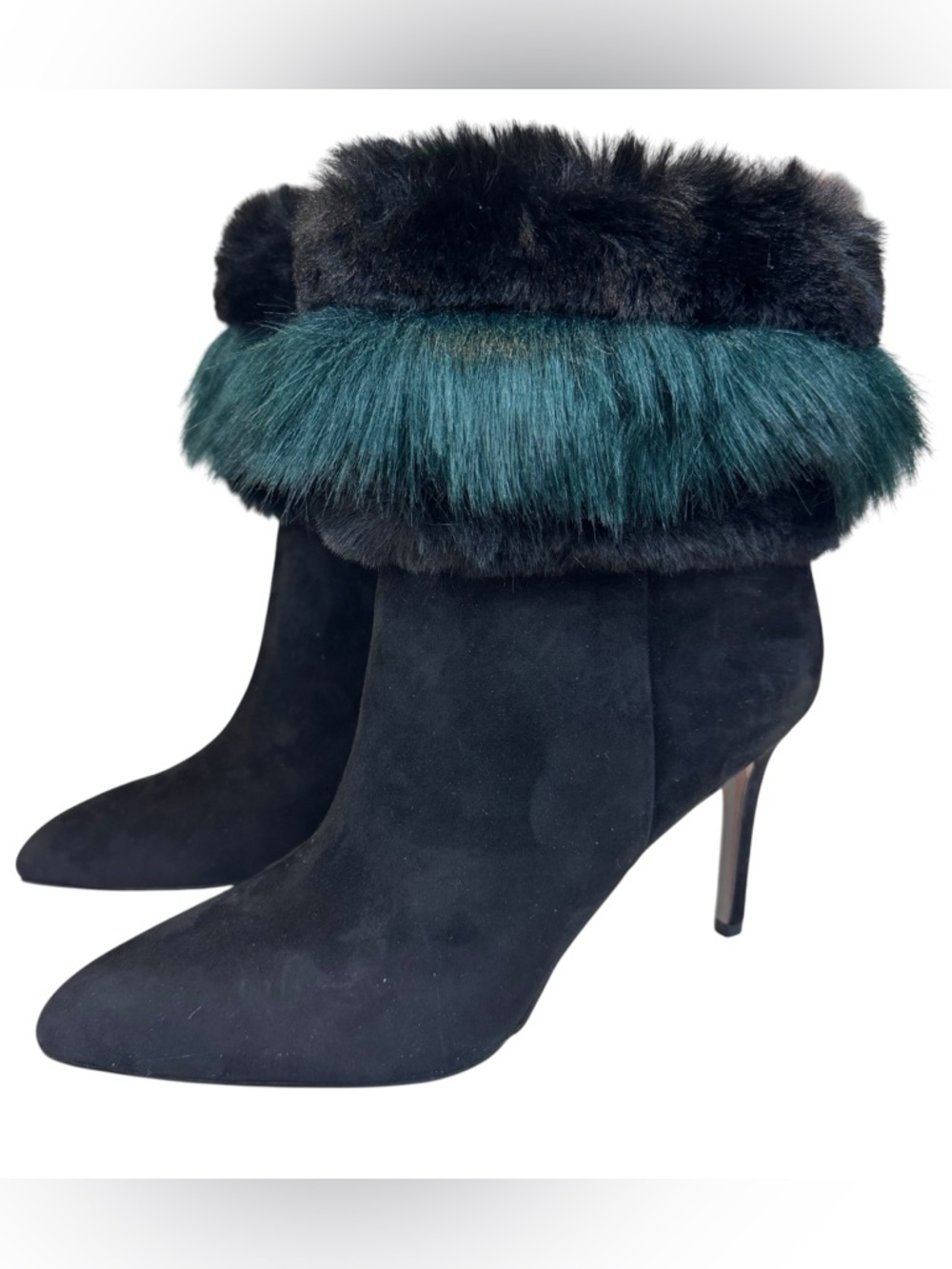 Sam Edelman OLEANA Heeled Booties Size 9 Black Green Faux Fur Real Suede Boots